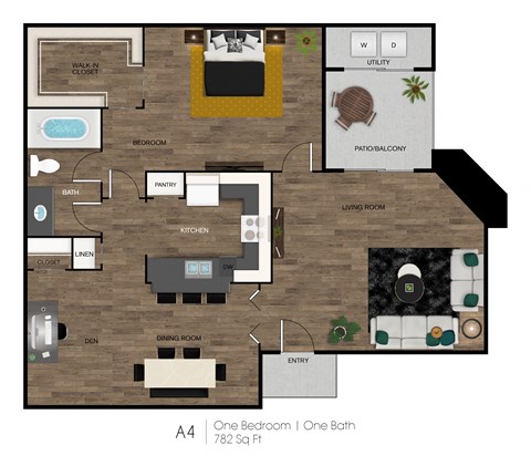 A4 floor plan of a one bedroom apartment with one bath.